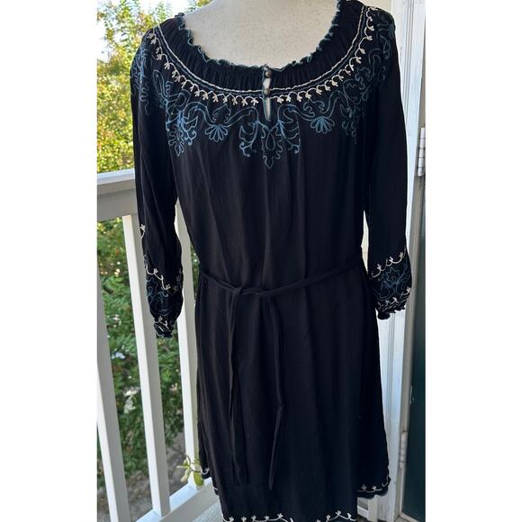 Lucky Brand Boho Embroidered Dress M Off Shoulder Belted Fall Knee Length Casual - Picture 1 of 7